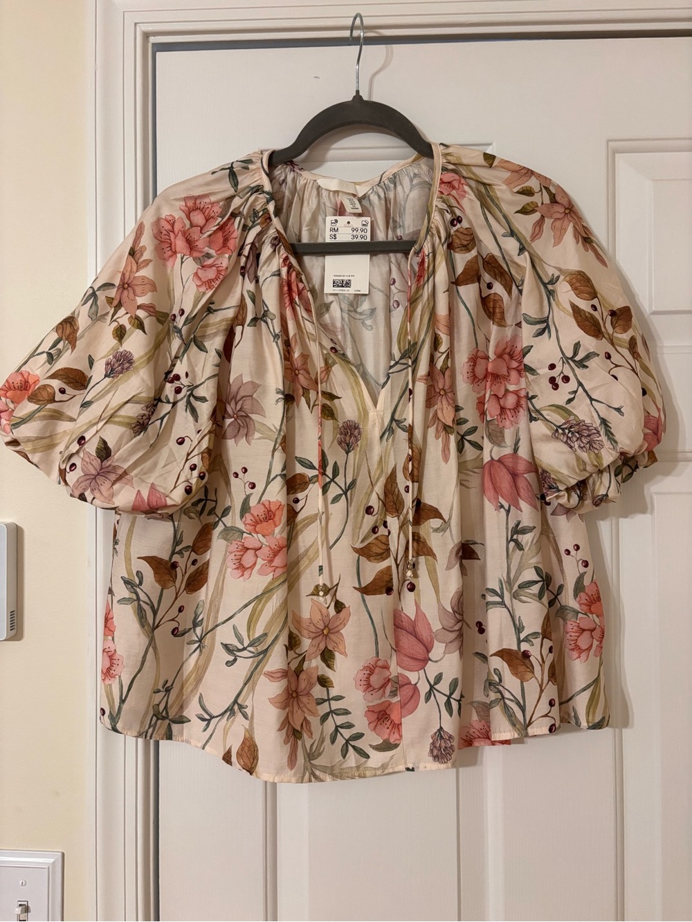 H&M Floral Puff Sleeve Cream Blouse with Pink and Green Print